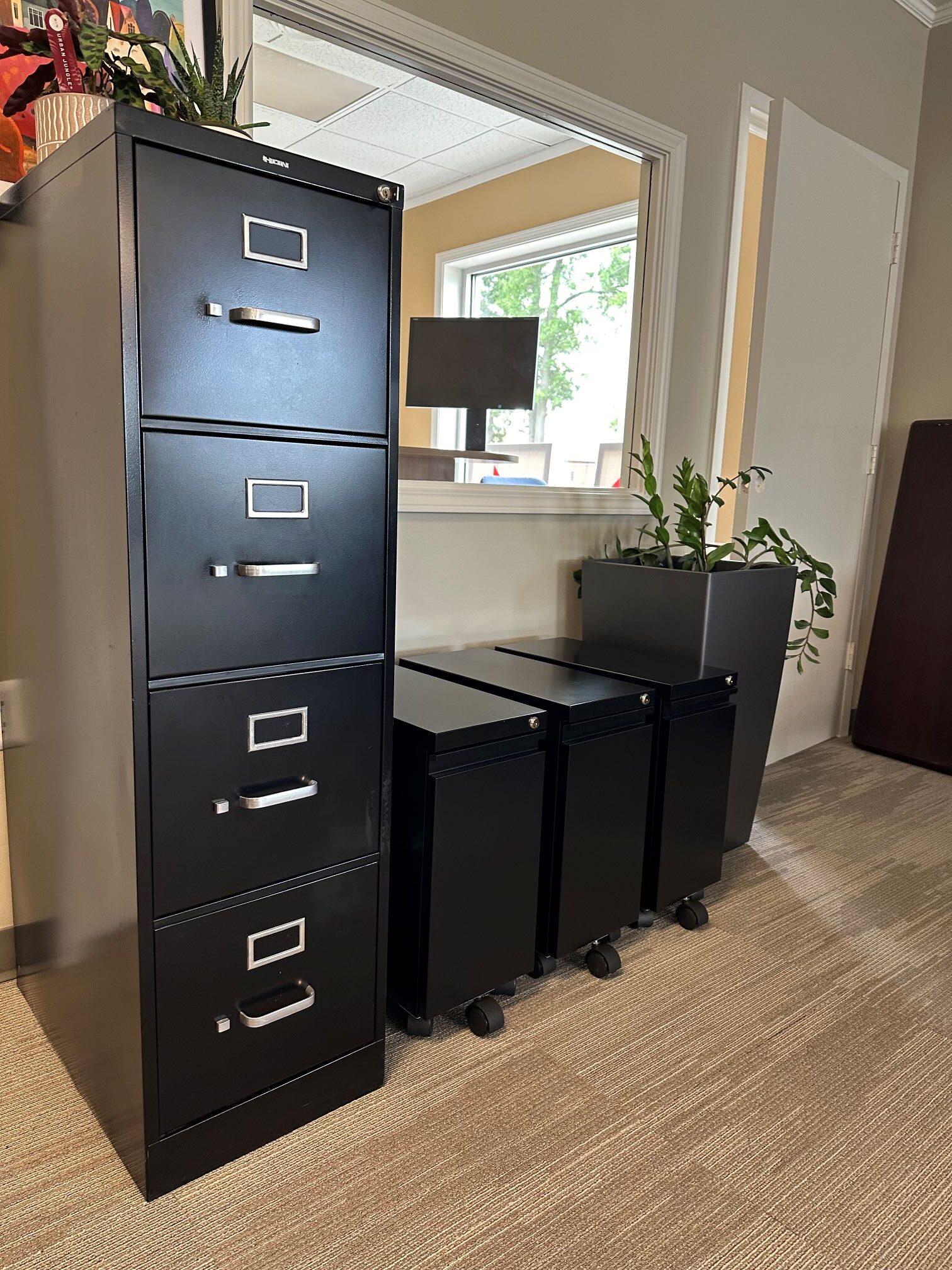 Black Vertical Filing Cabinets with plants and small mini 5th wheel pedestal filing systems for office organization