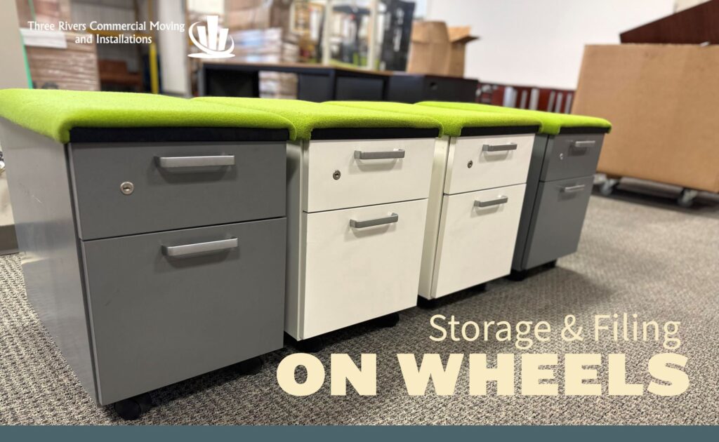 a group of drawers with green cushions on top, used for office filing and document storage with key lock and steelcase brand for sale