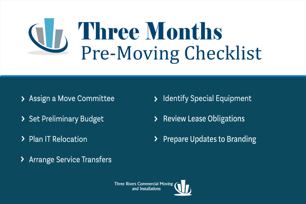 a blue and white checklist for moving an office with details regarding three months pre-move